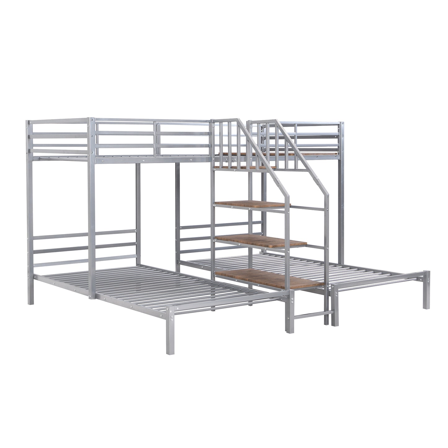 Three-Tiered Metal Bunk Bed with Storage and Staircase, Silver Twin over Twin