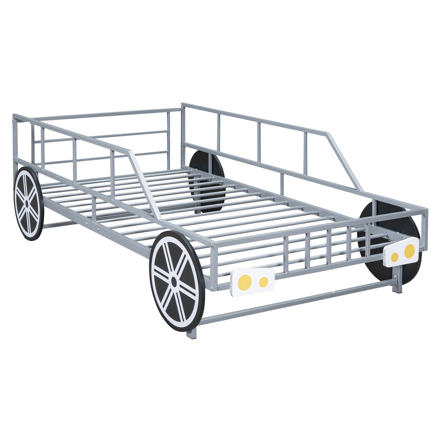 Metal Twin Size Car-shaped Platform Bed with Wheels and Headlights Decoration, Silver