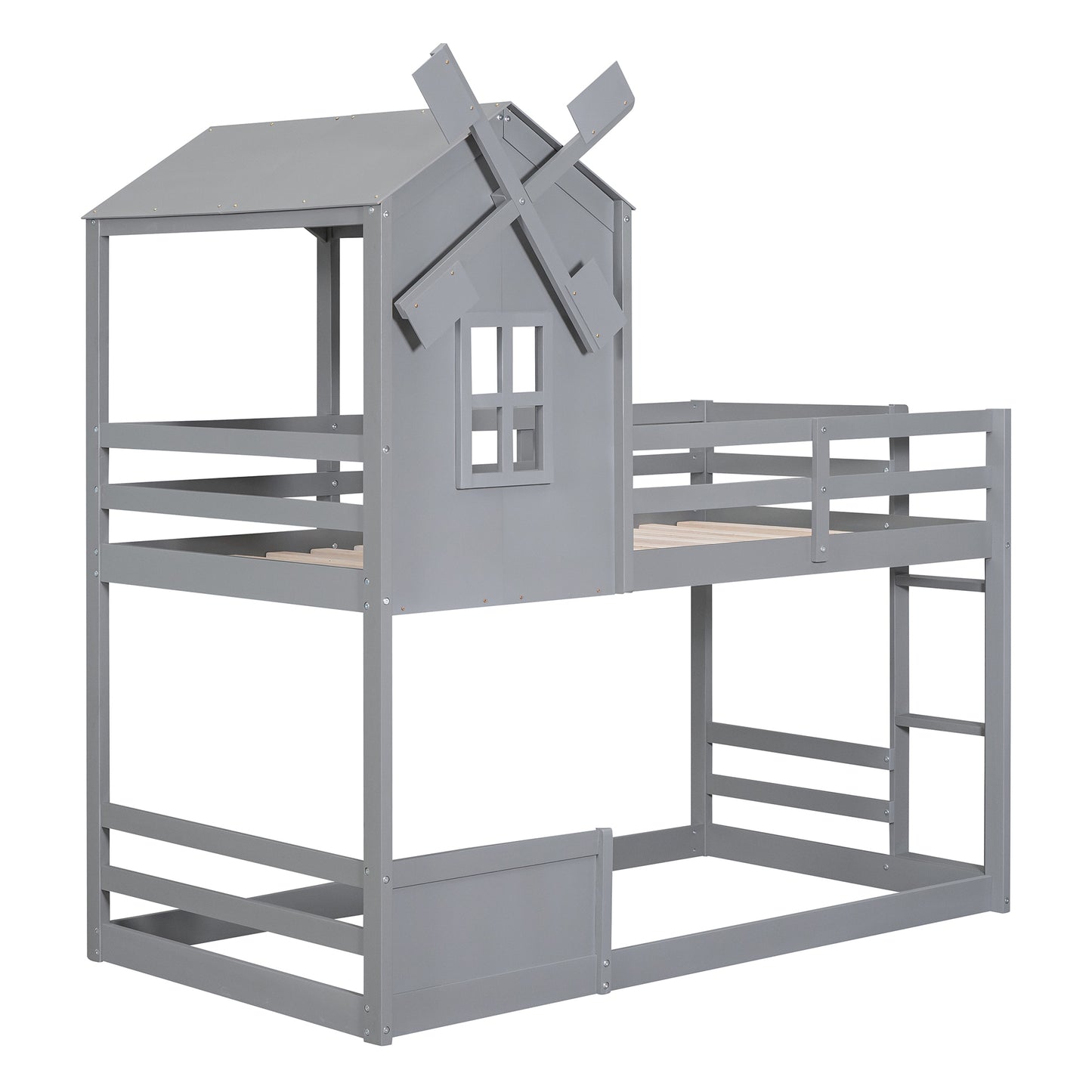 Gray Windmill Twin Bunk Bed with Roof and Window