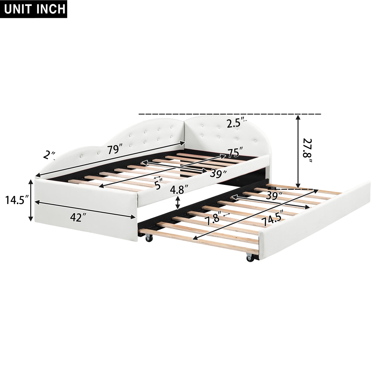 Twin Size PU Upholstered Tufted Daybed with Trundle and Cloud Shaped Guardrail, White