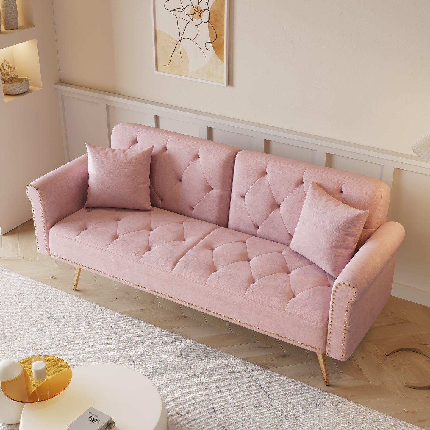 69.7 Elegant Pink Velvet Sofa Bed with Nail Head Accents and Throw Pillow