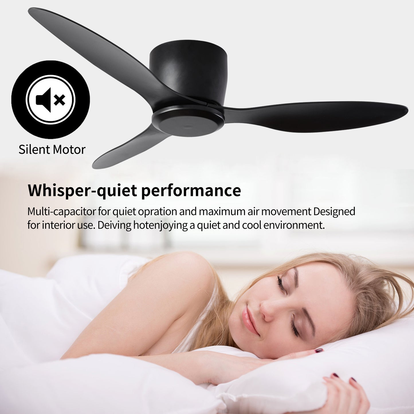 52 Black Ceiling Fan with Remote Control and Reversible DC Motor - Modern Design No Lights for Various Living Spaces