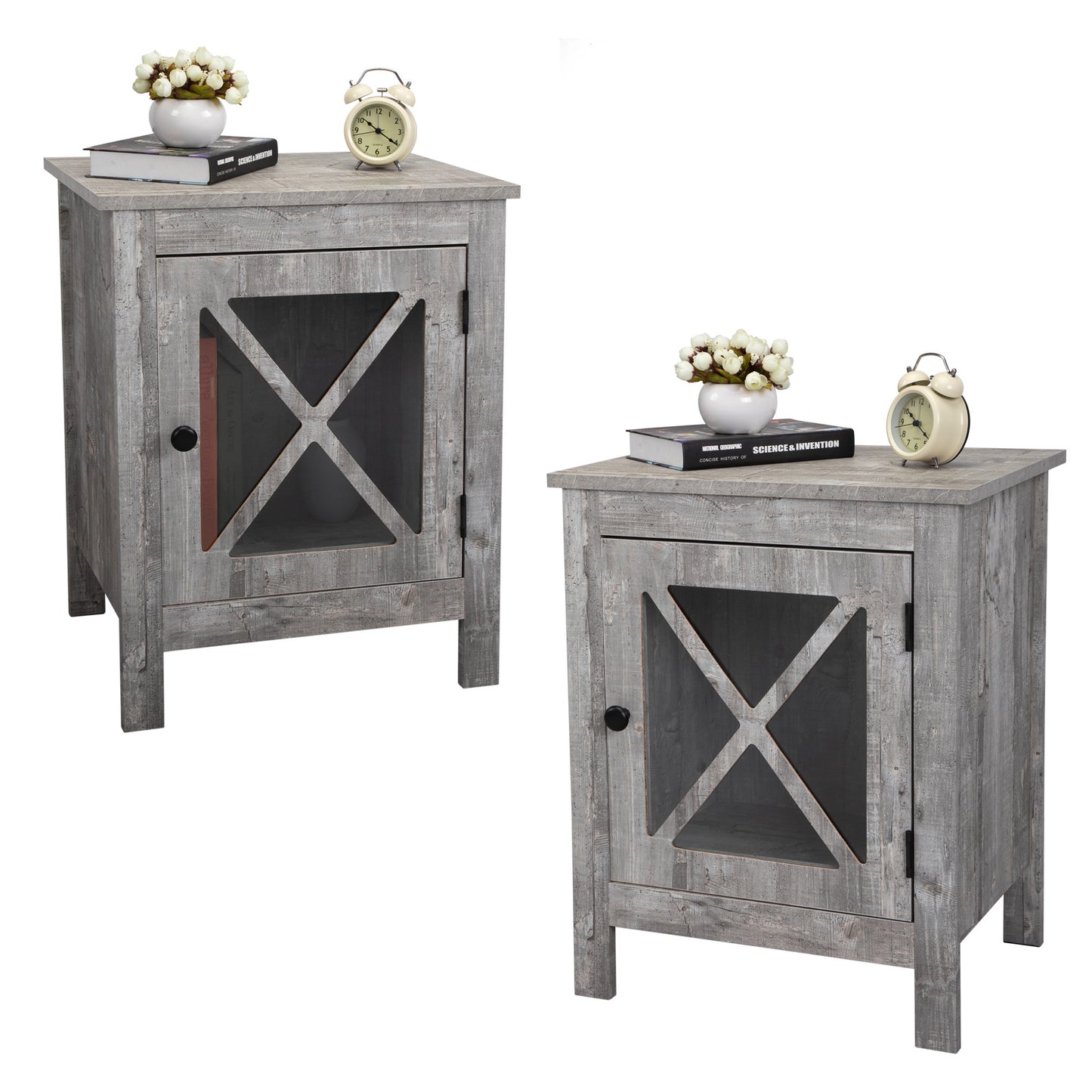 Set of 2 Industrial Nightstand Side Table End Table with X Design Glass Door - Light Gray Wood