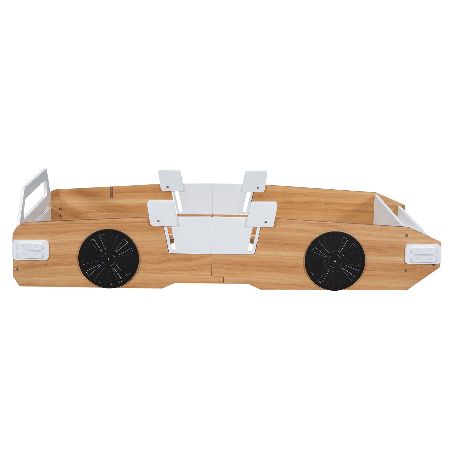 Wood Twin Size Racing Car Bed with Door Design and Storage, Natural+White+Black