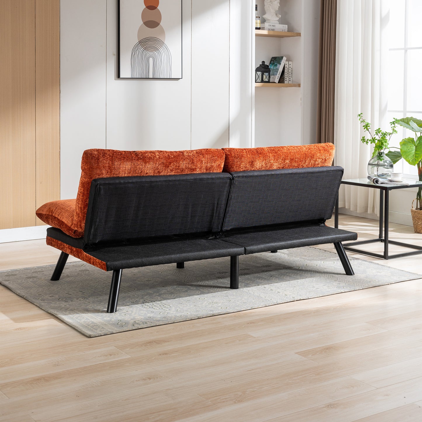 Convertible Sofa Bed  Loveseat Futon Bed Breathable Adjustable Lounge Couch with Metal Legs,Futon Sets for Compact Living Space  Chenille- Orange