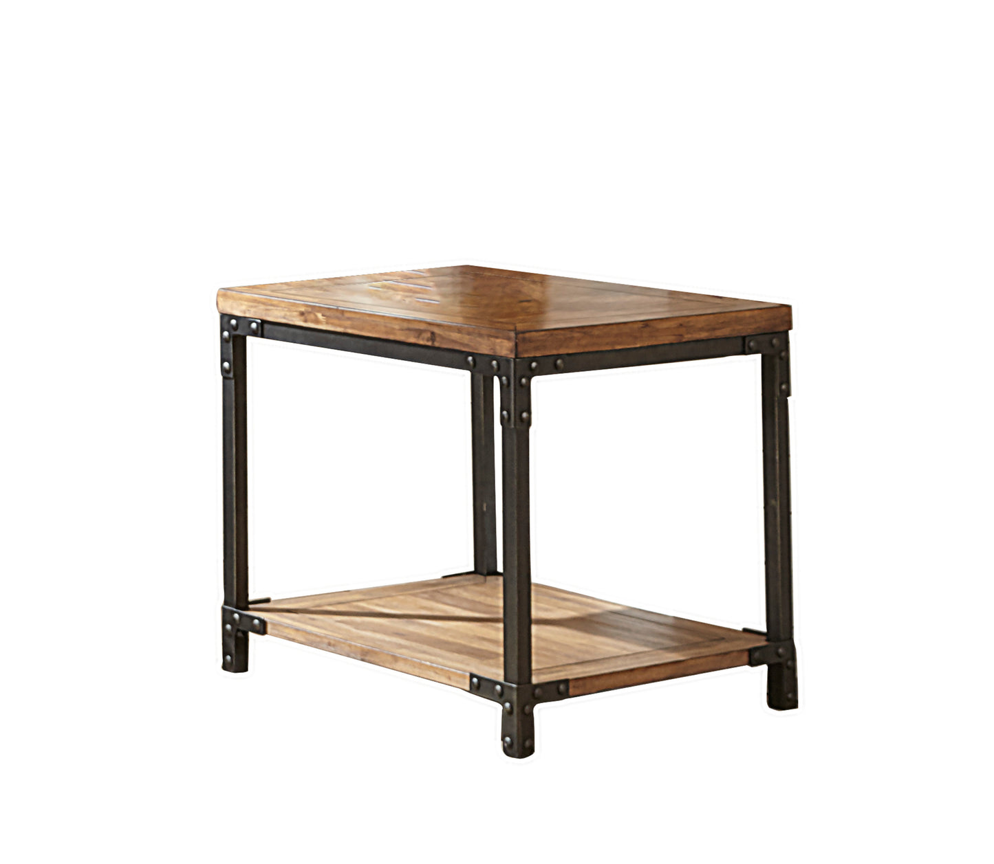 Industrial Style Coffee Table with Antiqued Honey Finish and Black Metal Frame