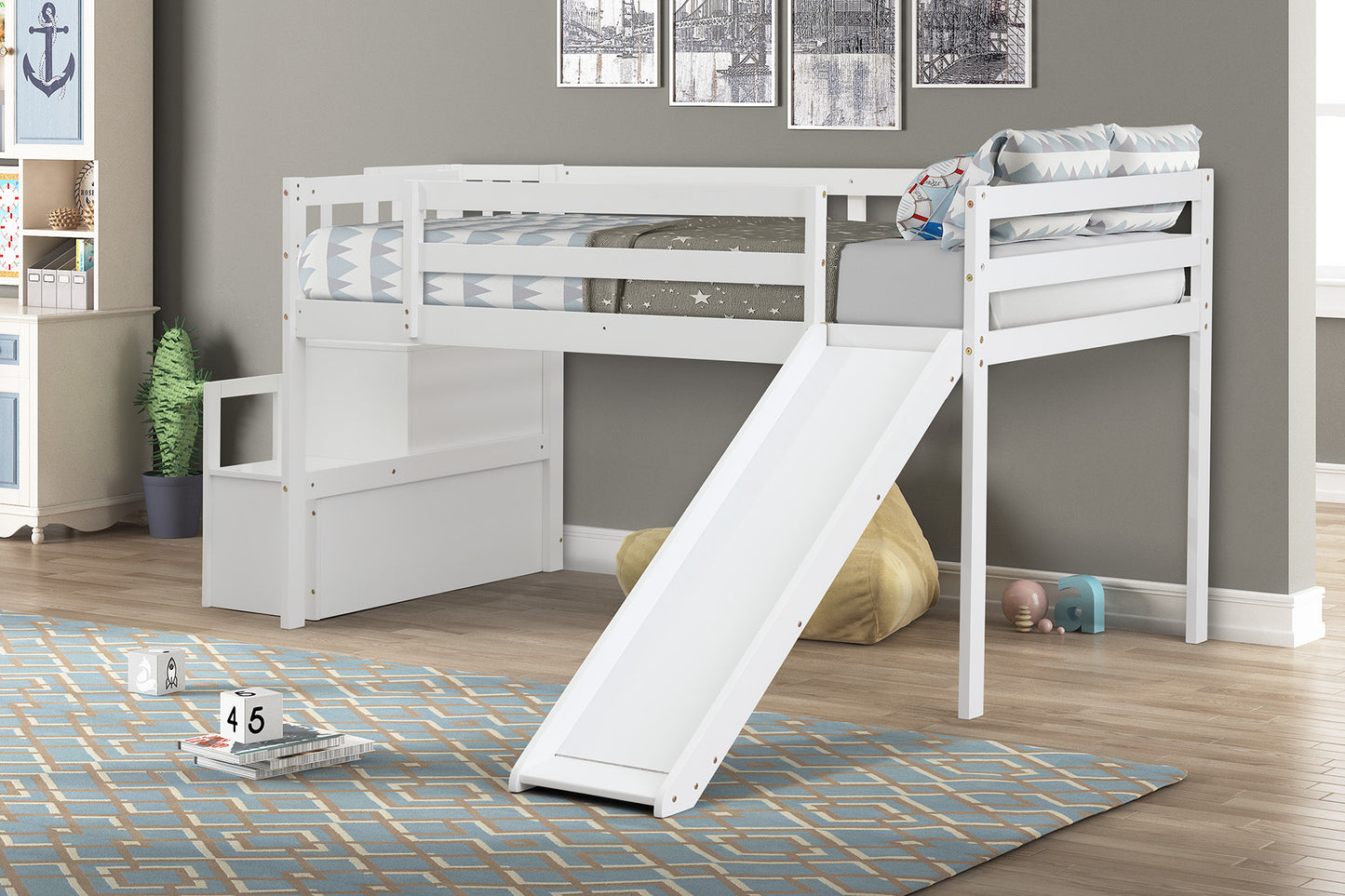 Loft Bed with Staircase, Storage, Slide, Twin size, Full-length Safety Guardrails, No Box Spring Needed, White