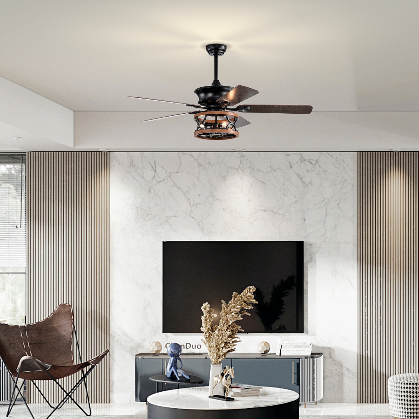 Farmhouse Ceiling Fan with Reversible Airflow, Remote Control, and Caged Light Fixture