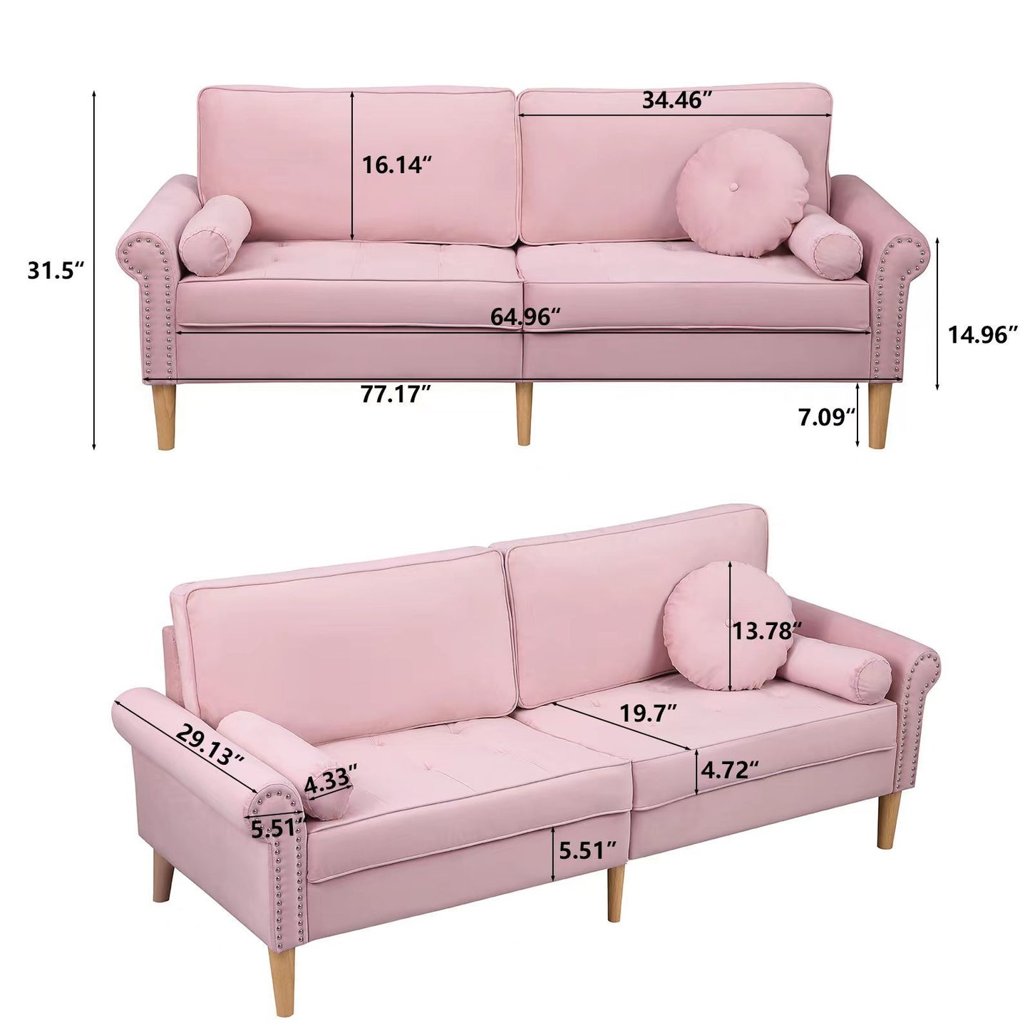 Living Room Sofa,3-Seater Sofa , with  Copper Nail on Arms ,Three Pillow,Pink