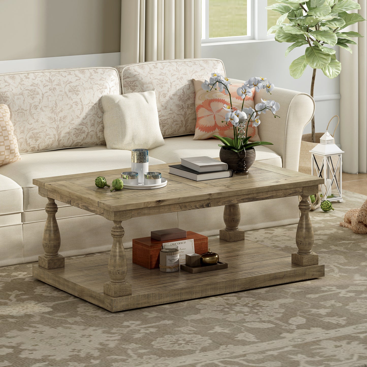 Rustic Pine Wood Coffee Table with Baluster Column Posts and Lower Storage Shelf