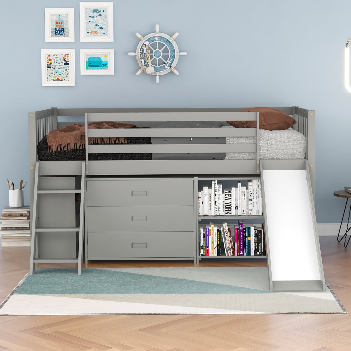 Low Loft Bed with Attached Bookcases and Separate 3-tier Drawers,Convertible Ladder and Slide,Twin,Gray