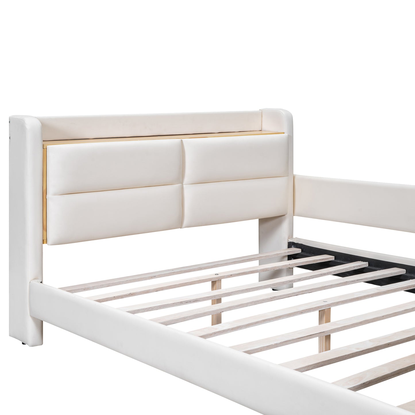 Full Size Upholstered Platform Bed with Guardrail, Storage Headboard and Footboard, Beige