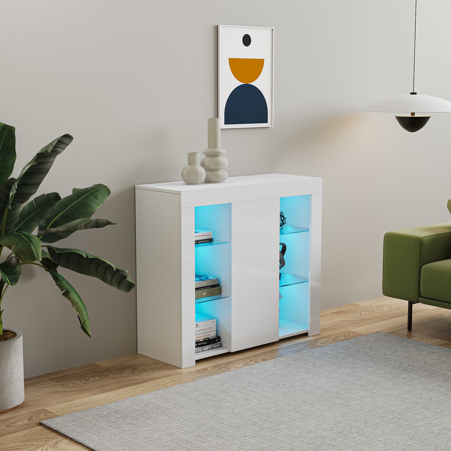 Contemporary LED Black High Gloss Sideboard with Ample Storage and Multi-Color Lights