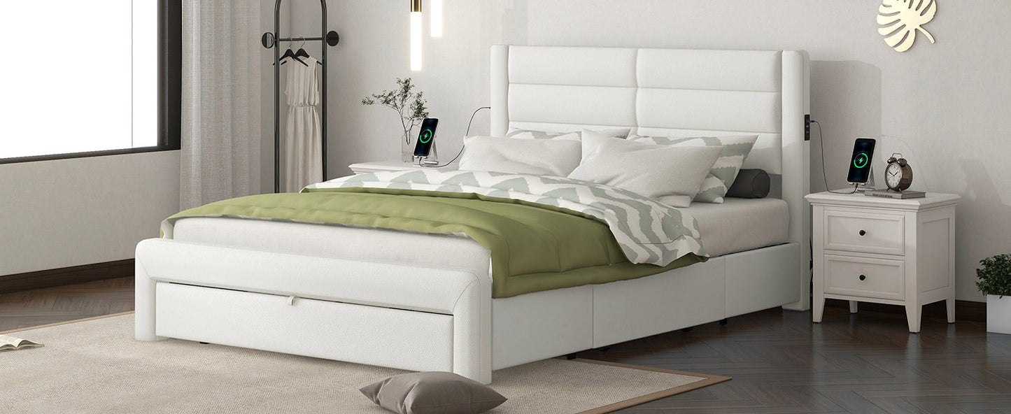 Queen Size Bed Frame with Drawers Storage, Leather Upholstered Platform Bed with Charging Station, White (Expect arrive date Jan. 12th. 2024)