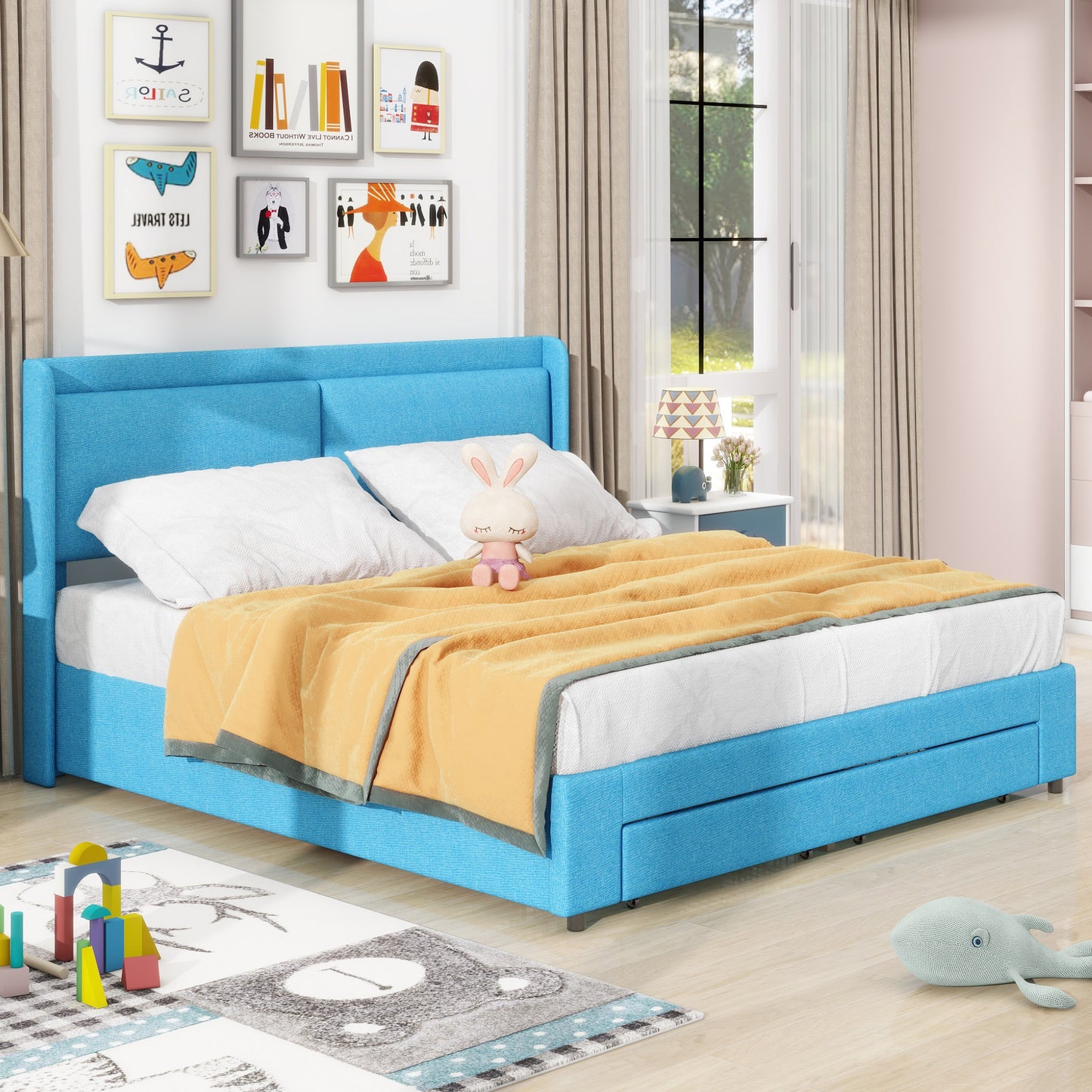 Queen Size Storage Upholstered Hydraulic Platform Bed with 2 Drawers, Blue