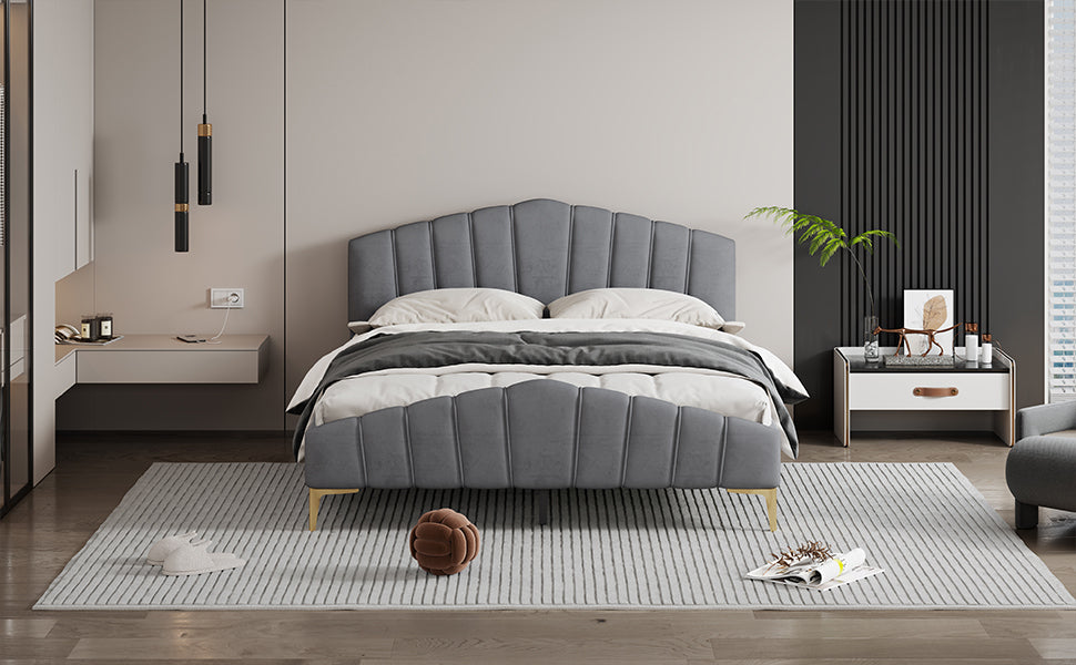 Queen Size Velvet Platform Bed with Thick Fabric, Stylish Stripe Decorated Bedboard and Elegant Metal Bed Leg, Gray