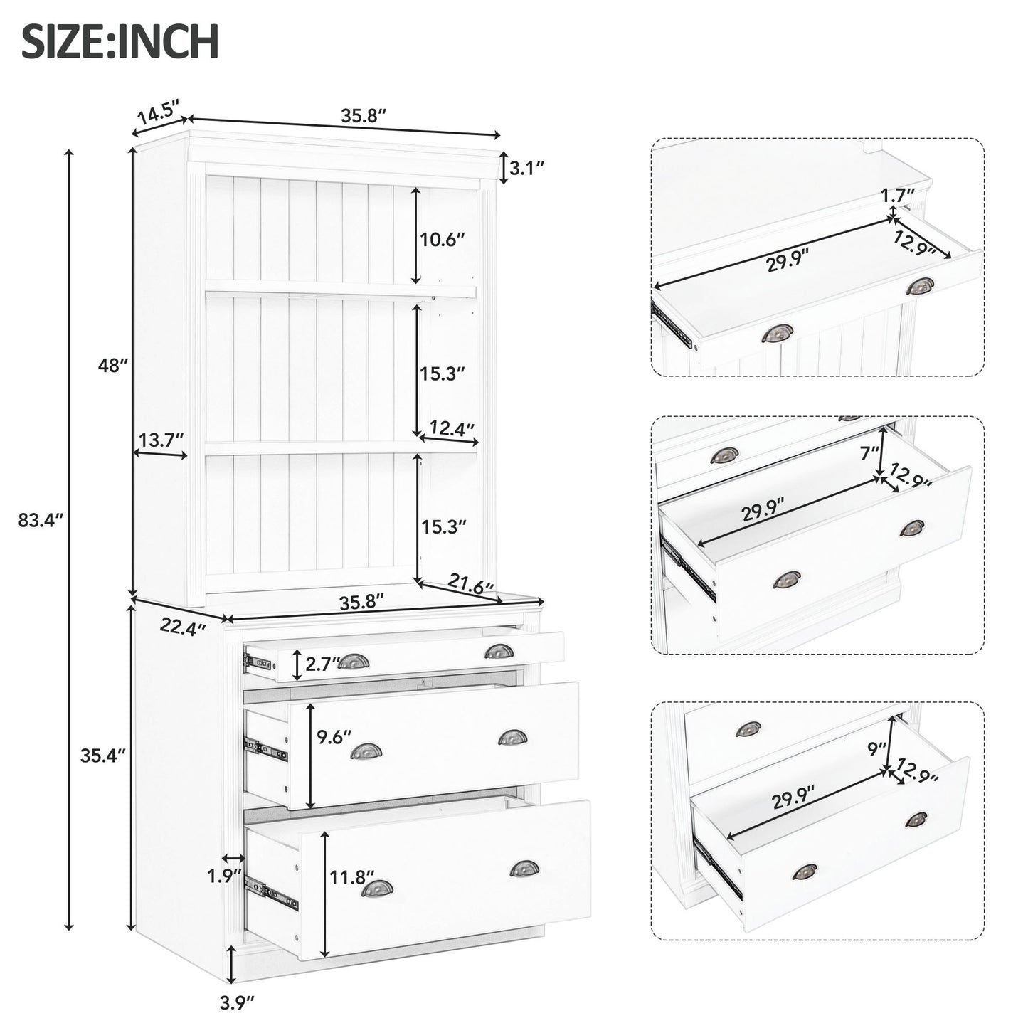 Modern White 83.4 Bookshelf and Writing Desk Suite with LED Lighting and Drawers