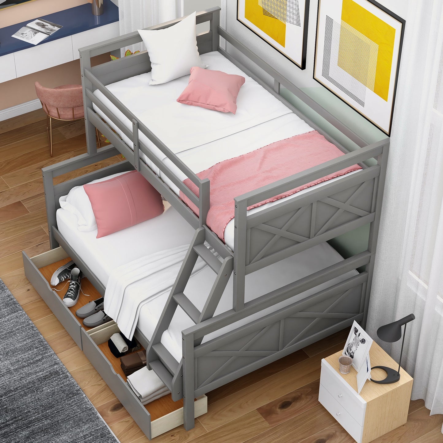 Versatile Gray Twin over Full Bunk Bed with Storage Drawers, Guardrail, and Ladder