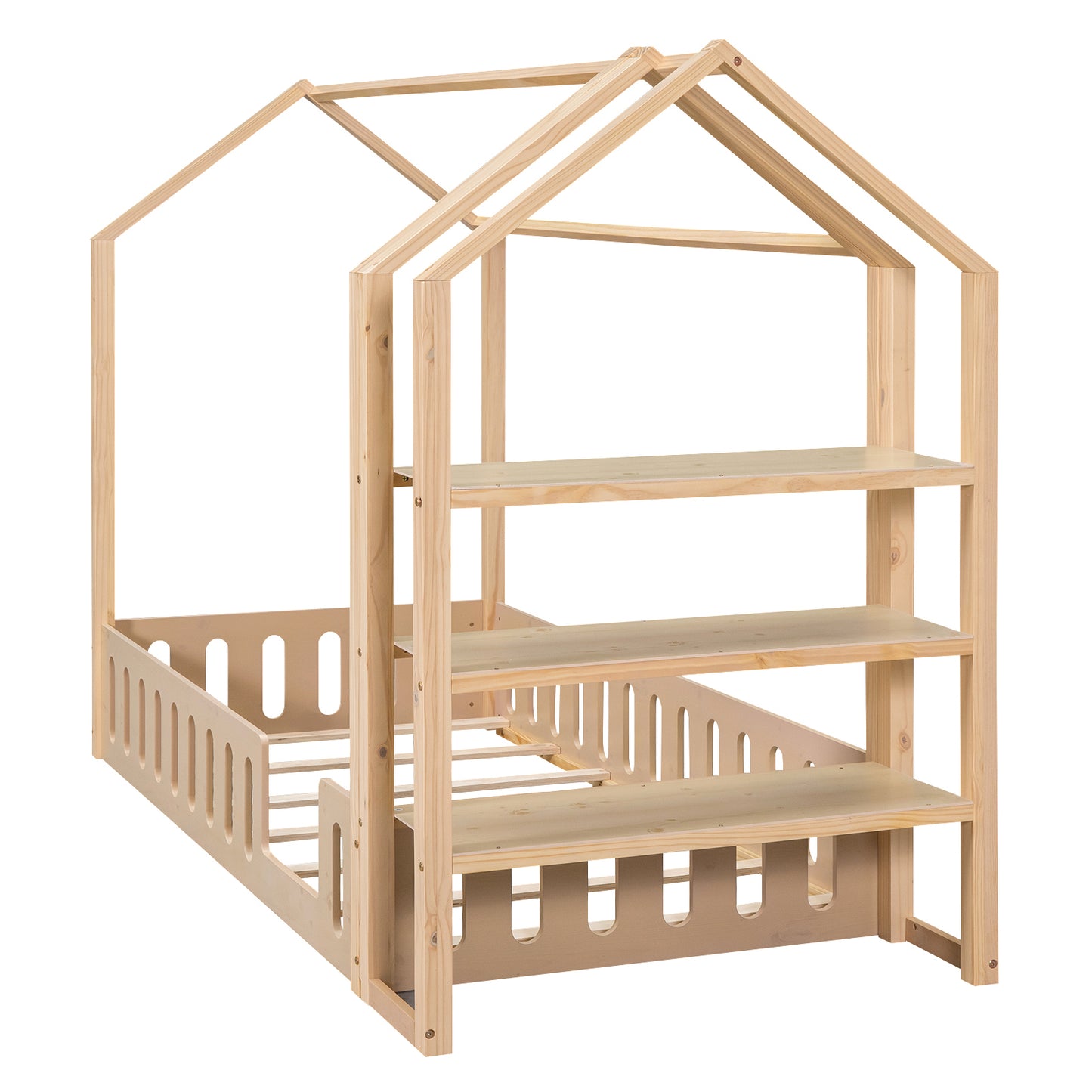 Twin Size Wood House Bed with Fence and Detachable Storage Shelves, Natural (Expected Arrival Time: 1.7)