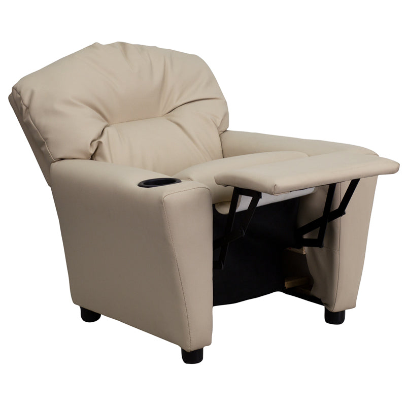 Contemporary Beige Vinyl Kids Recliner with Cup Holder