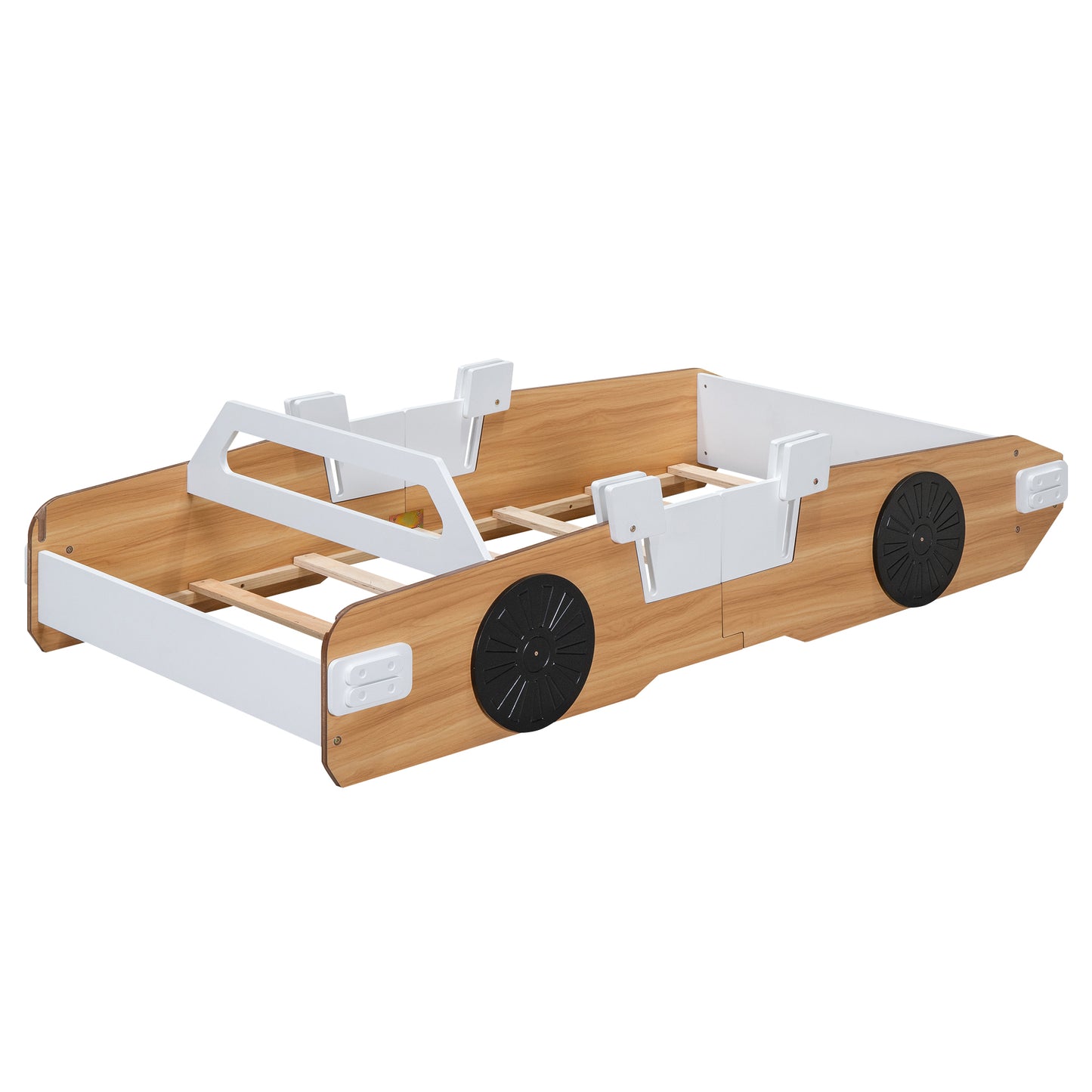 Wood Twin Size Racing Car Bed with Door Design and Storage, Natural+White+Black