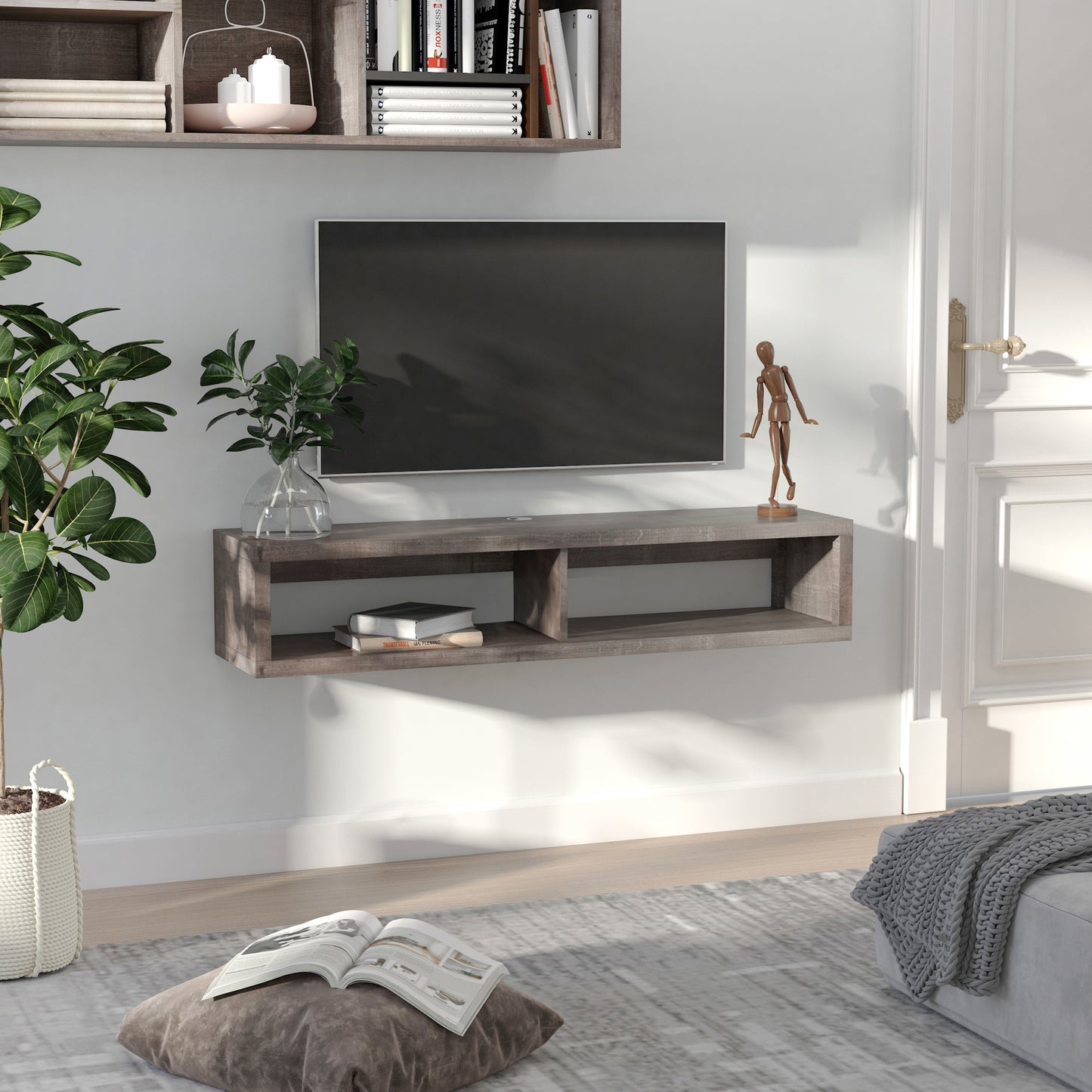 Floating TV Stand with Ample Storage Space: Dark Grey Wall Mounted Media Console for Home Office or Living Room