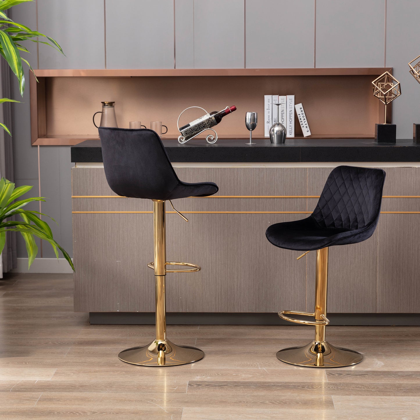 Set of 2  Bar Stools,with Chrome Footrest and Base Swivel Height Adjustable Mechanical Lifting Velvet + Golden Leg Simple Bar Stool-black