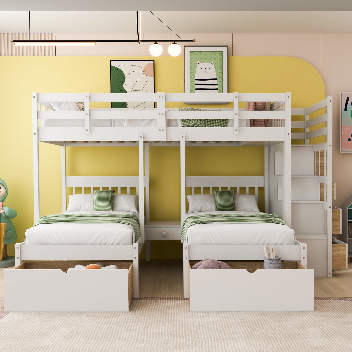 Three-Level Wooden Bunk Bed with Drawers, Full Over Twin & Twin Bunk Bed with Guardrails (White)