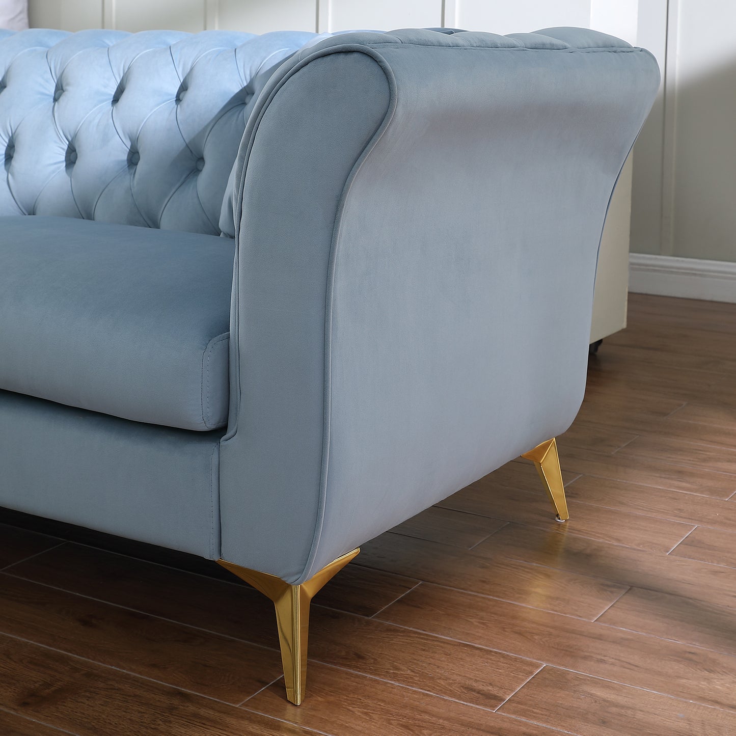 Chesterfield sofa ,Stanford sofa ,  high quality Chesterfield sofa ,Teal blue , tufted and wrinkled fabric  sofa;contemporary Stanford sofa .loverseater; tufted sofa with scroll  arm and scroll back