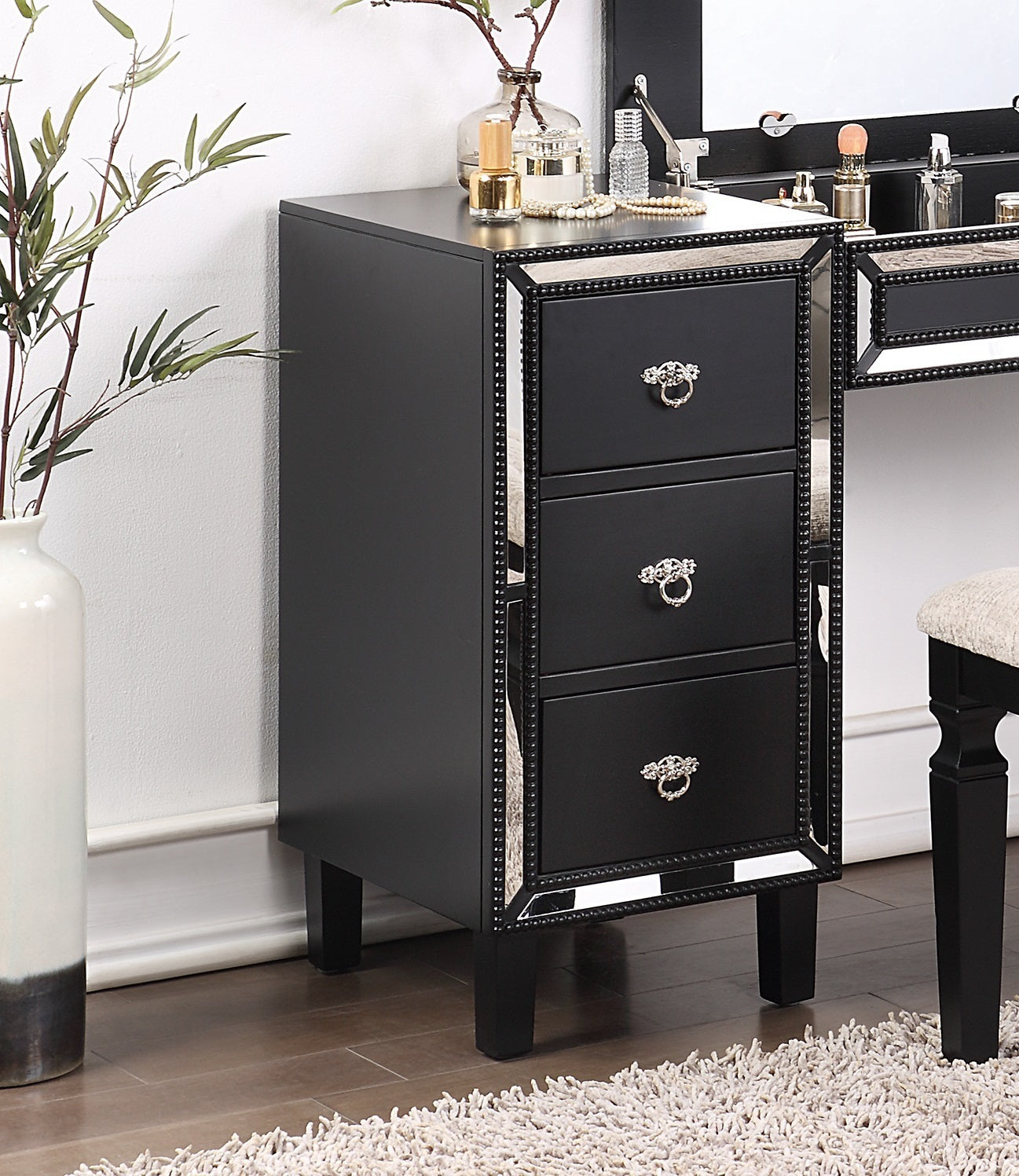 Traditional Formal Black Color Vanity Set w Stool Storage Drawers 1pc Bedroom Furniture Set Tufted Seat Stool