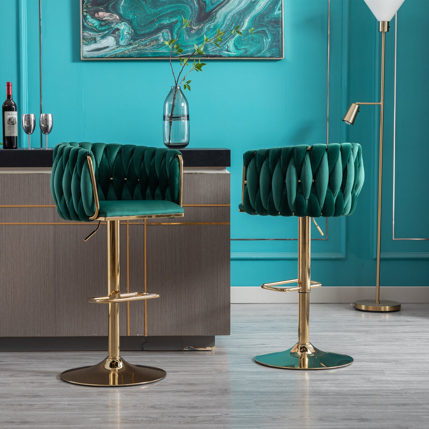 Set of 2  Bar Stools,with Chrome Footrest and Base Swivel Height Adjustable Mechanical Lifting Velvet + Golden Leg Simple Bar Stool-Green