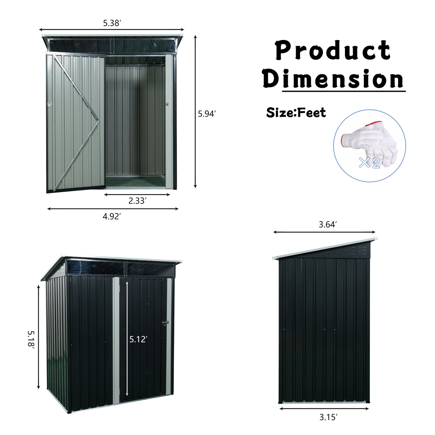 TC53BL 5ft x 3ft Outdoor Metal Storage Shed Transparent plate black