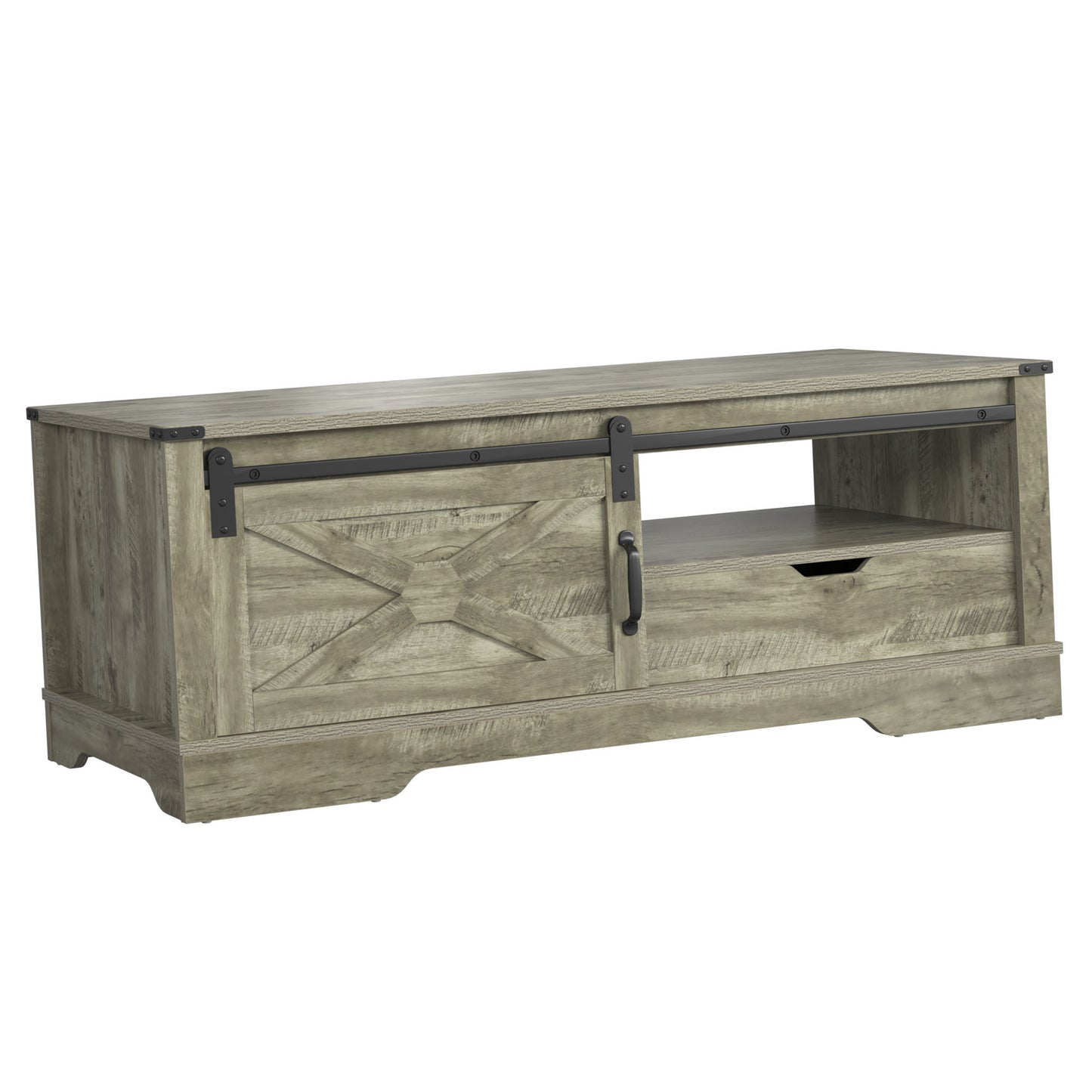 Farmhouse Sliding Barn Door Coffee Table with Storage Compartment - Light Gray