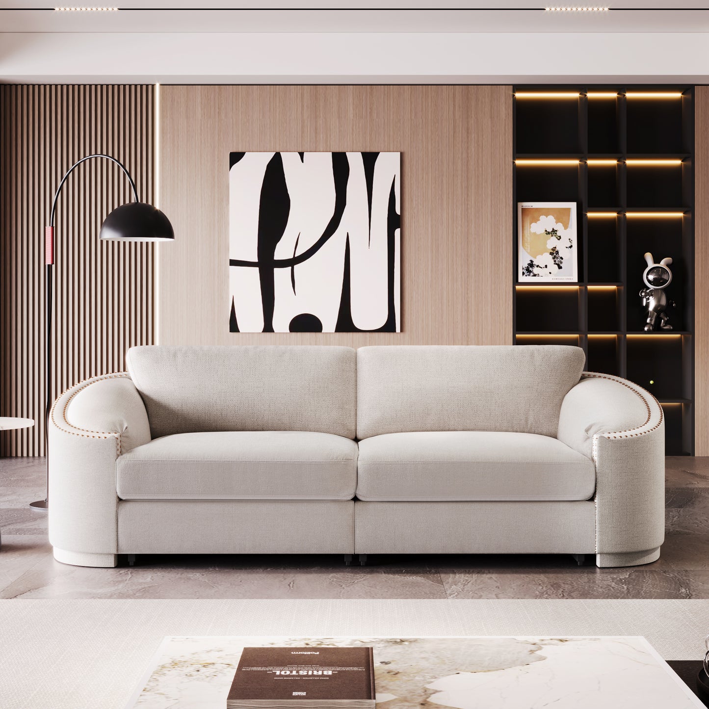 U_Style Stylish Sofa with Semilunar Arm, Rivet Detailing, and Solid Frame for Living Room