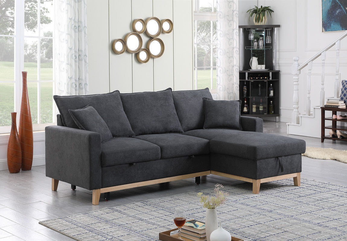 Convertible Dark Grey Upholstered Sleeper Sectional Sofa with Built-In Storage Chaise