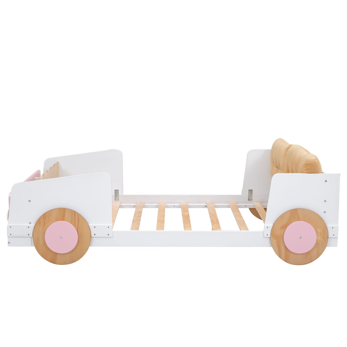 Full size Car-shaped platform bed with Soft cushion and shelves on the footboard, White