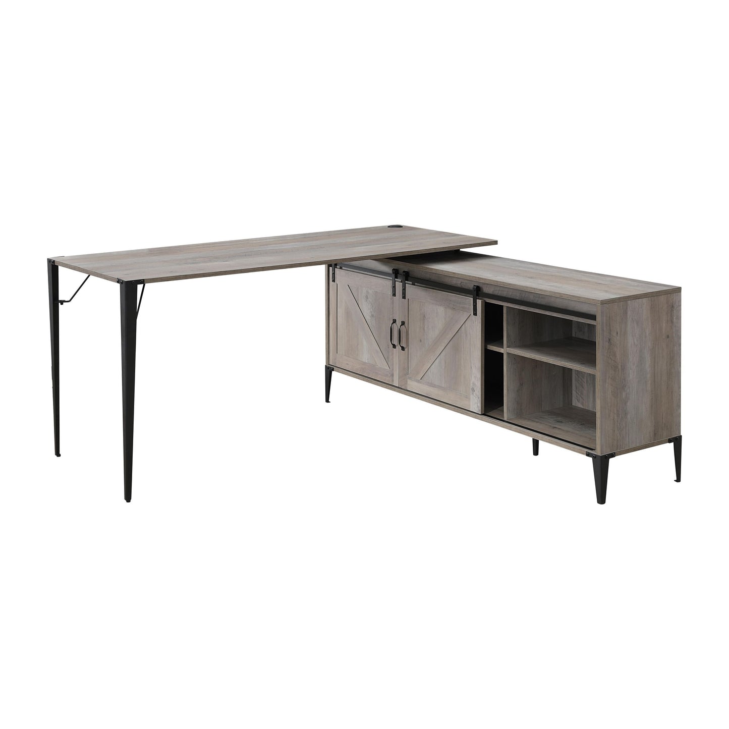 Rustic Gray Oak Writing Desk with Sliding Barn Doors and Industrial Finish - Zakwani Writing Desk