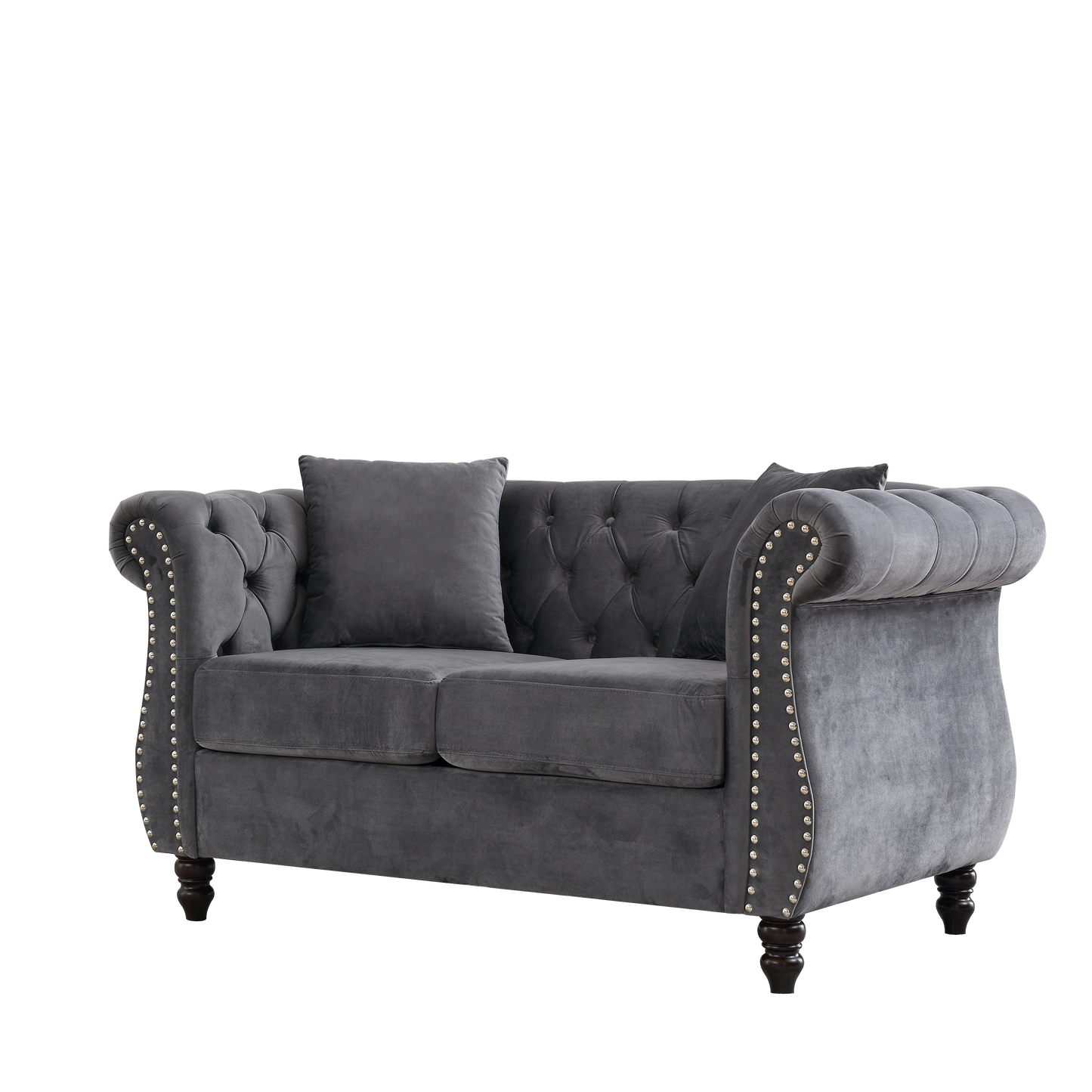 Classic Chesterfield 2-Seater Velvet Sofa in Grey with Rolled Arms and Nailhead Trim