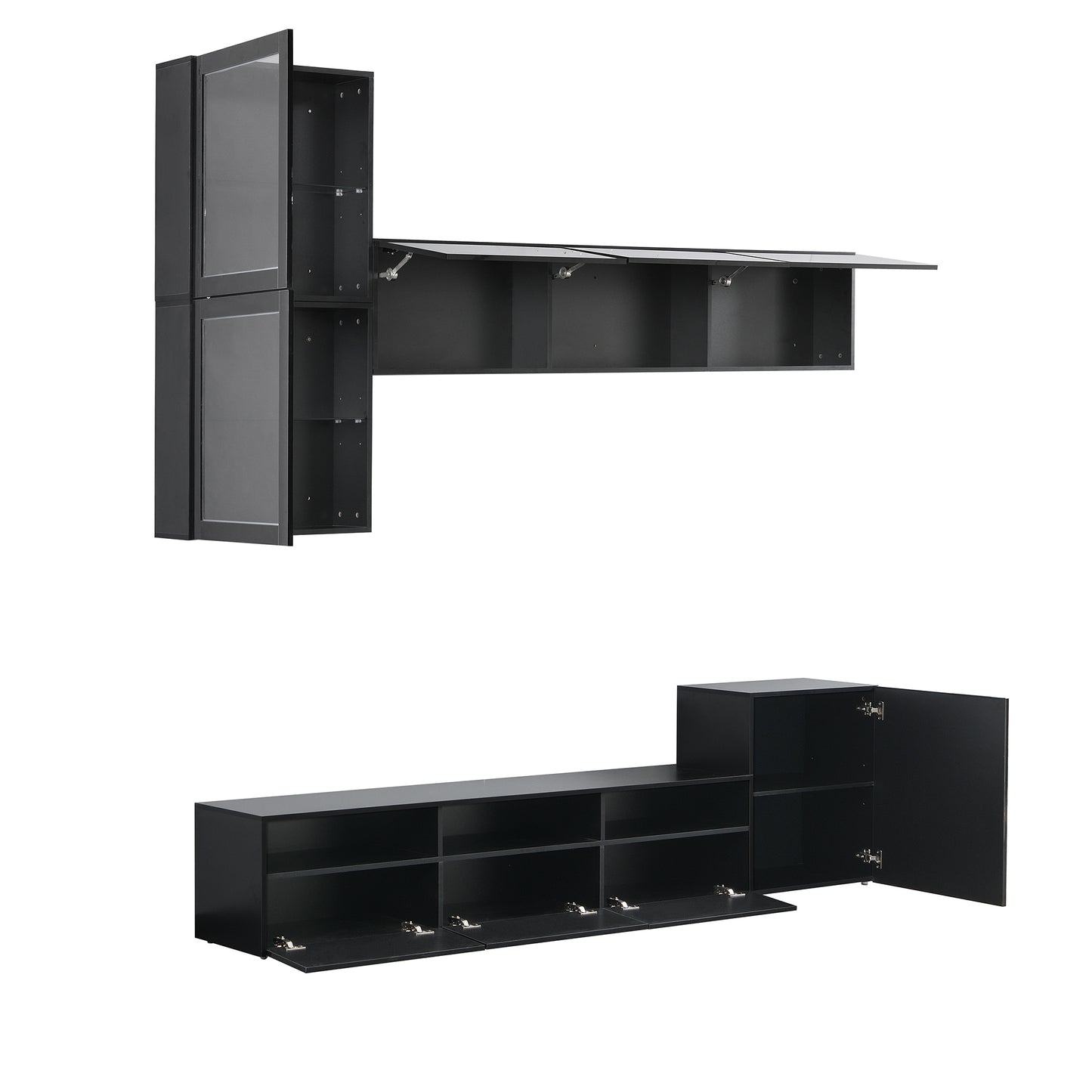 Modern Black High Gloss TV Stand with 9 Storage Cabinets