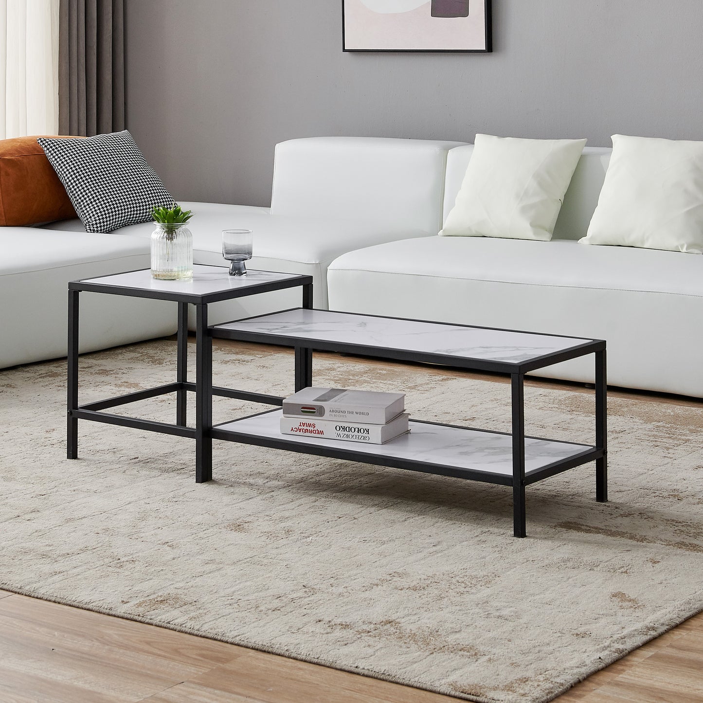 Contemporary Marble Finish Nesting Coffee Table Set