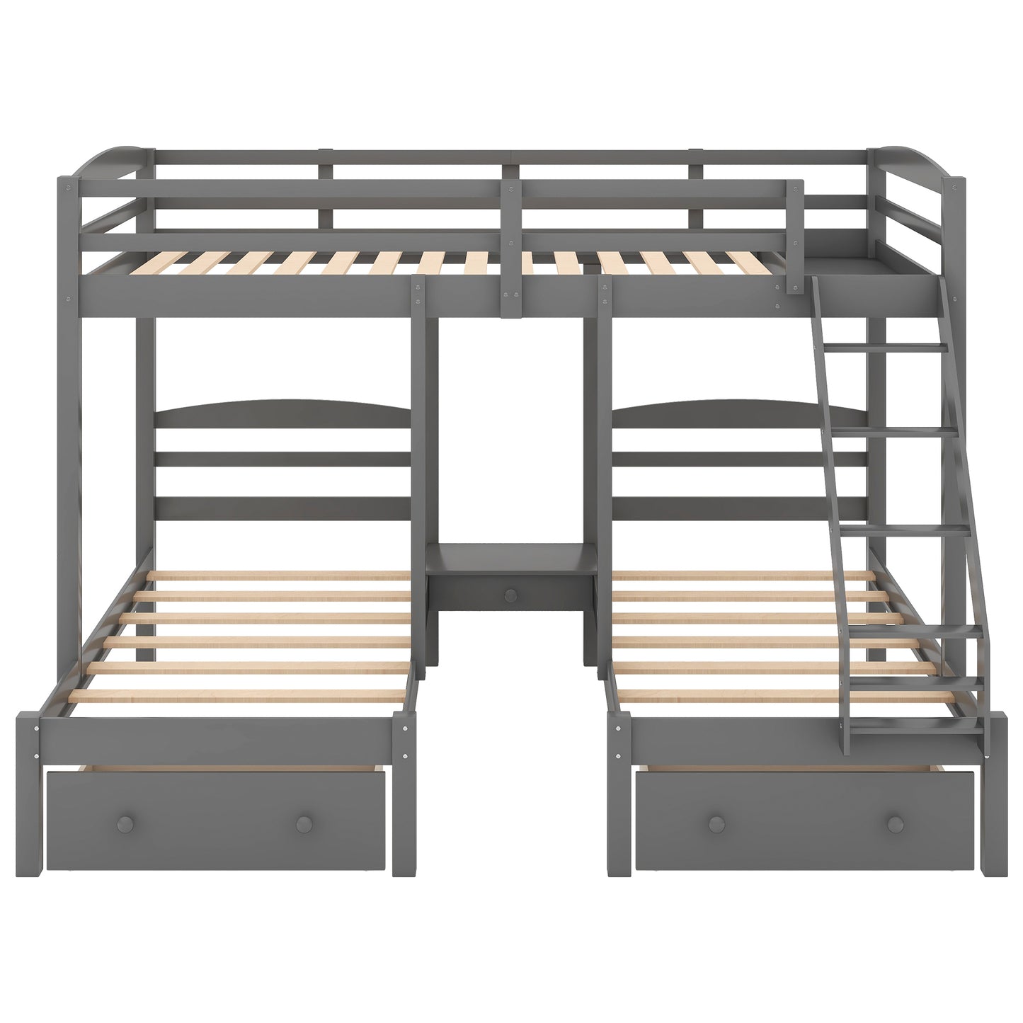 Gray Triple Bunk Bed with Storage Drawers, Full over Twin & Twin Bunk Bed