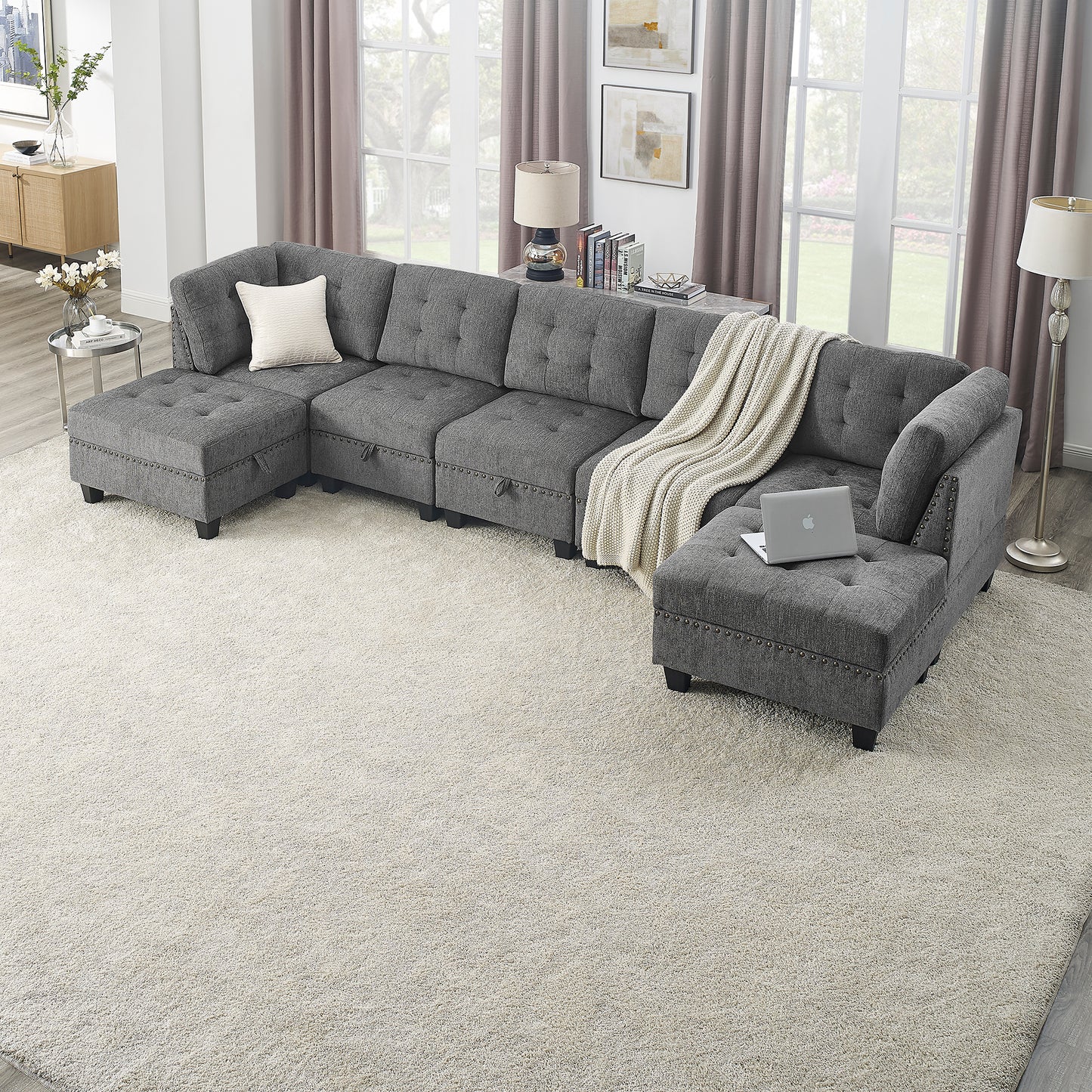 Modular L-Shaped Sectional Sofa Set with Grey Chenille Upholstery