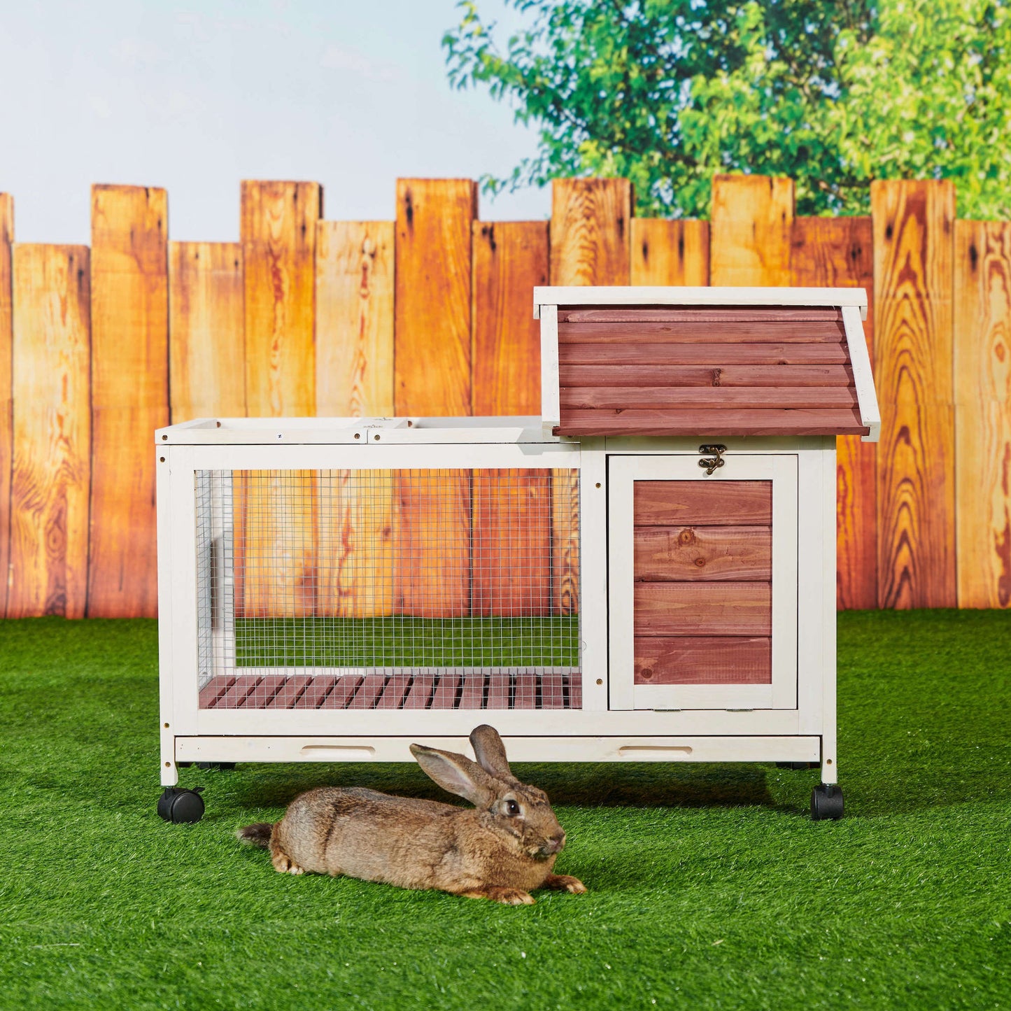 Wooden Rabbit Hutch 40.7" L x 23.4" W x 30" H, Bunny Cage with 4 Wheels, Auburn