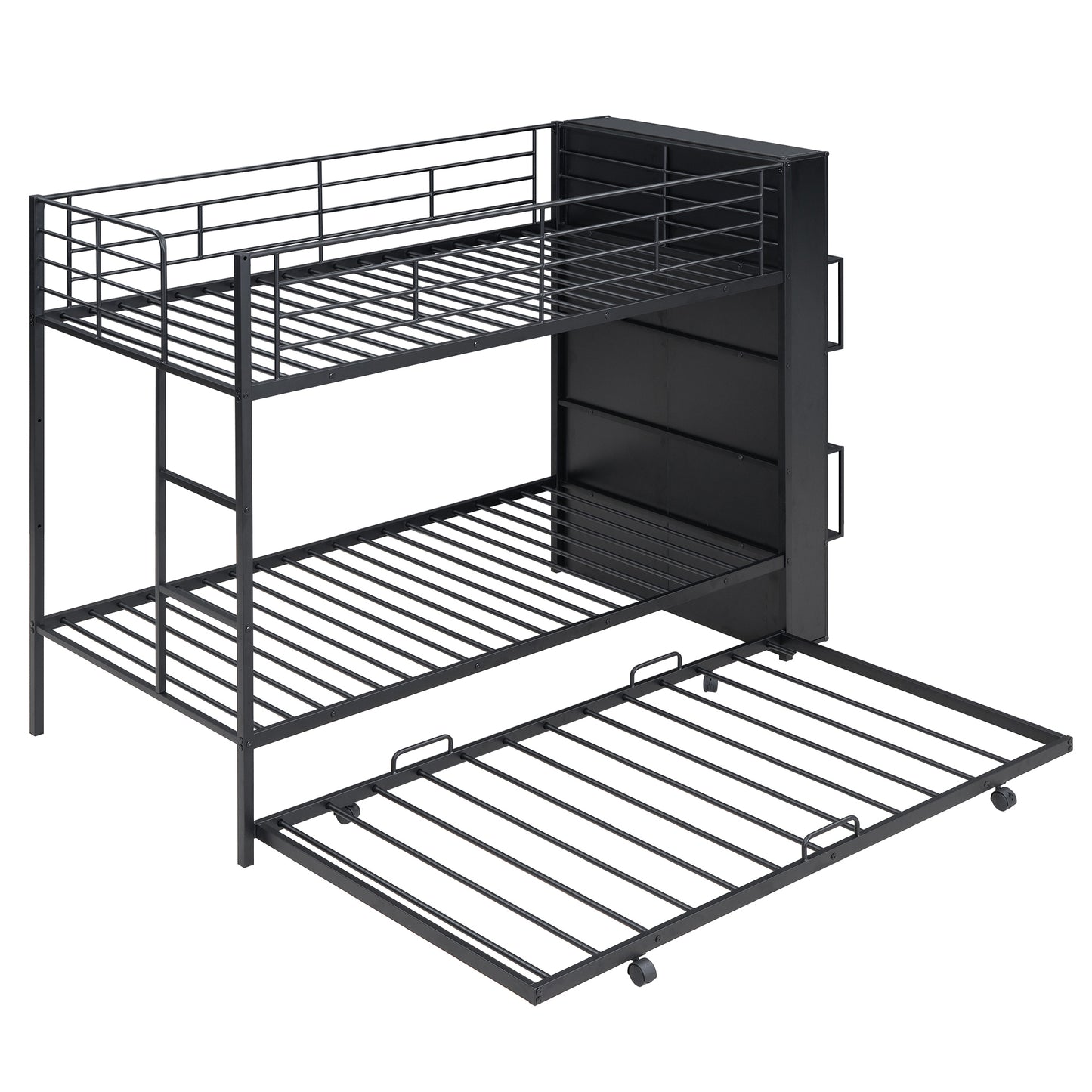 Twin Size Black Metal Bunk Bed with Integrated Bookshelf