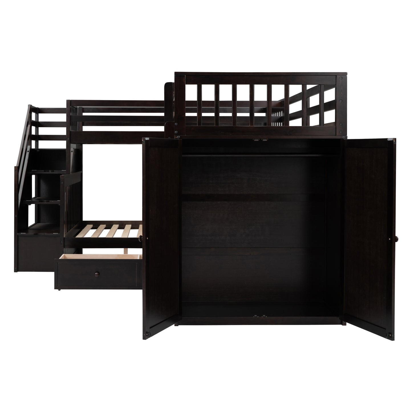 Espresso L-Shaped Bunk Bed with Storage Drawers, Desk, Wardrobe and Maximized Space