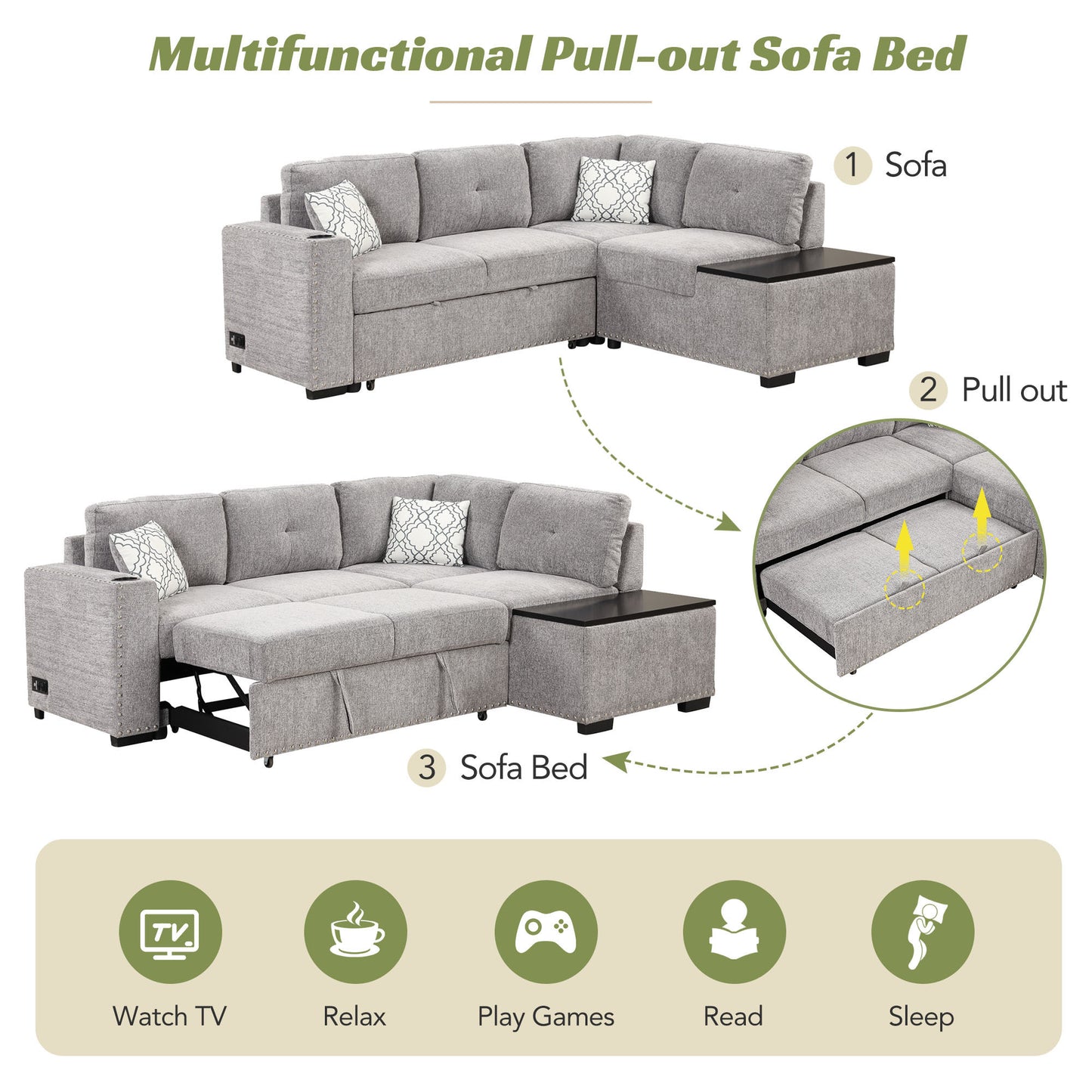 Convertible L-Shaped Sectional Sleeper Sofa with Storage Chaise and Charging Ports in Light Gray