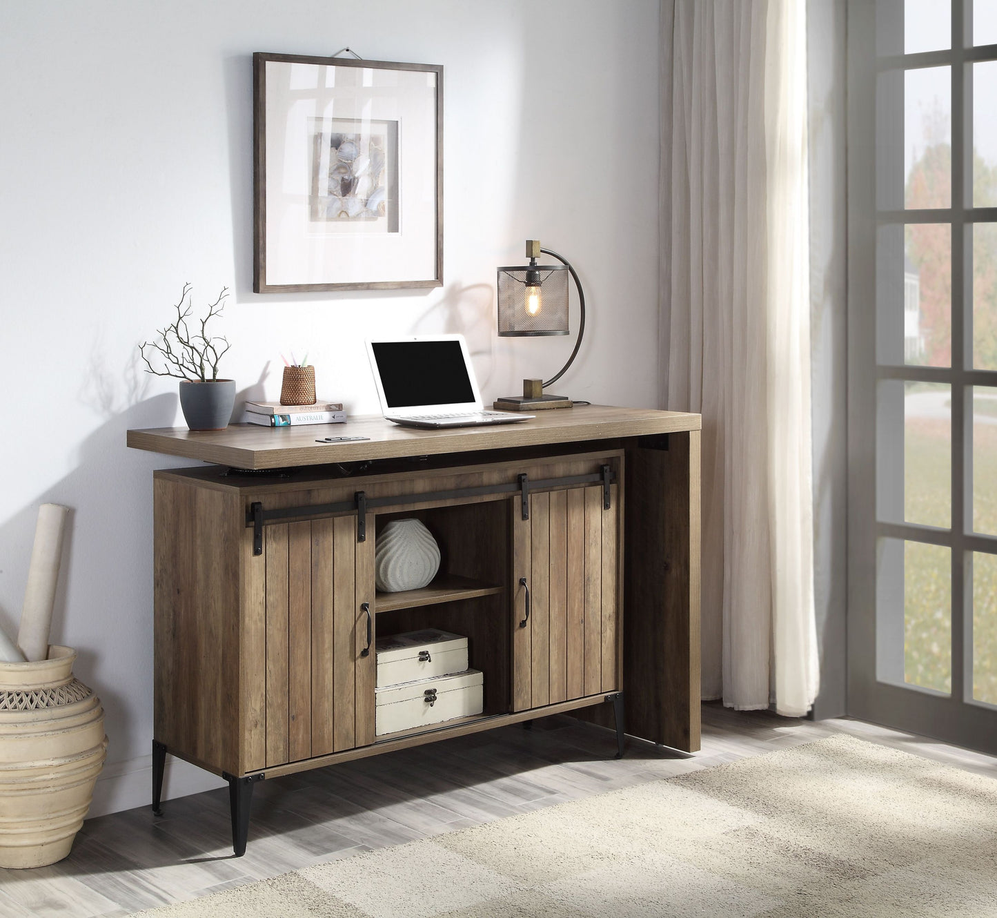 Rustic Oak Writing Desk with USB Port and Sliding Barn Door