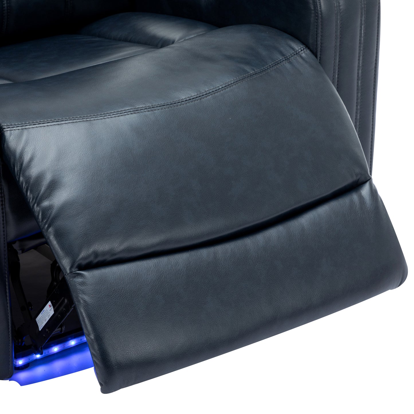 Blue Leather Power Recliner with Cooling Cup Holder, Bluetooth Speaker, and 360° Swivel Tray Table