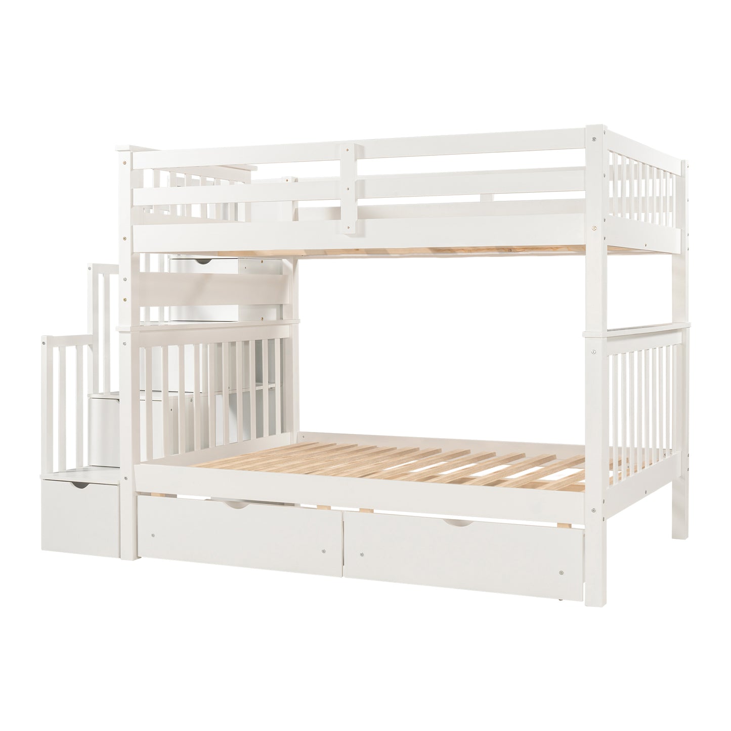 White Twin Over Twin Bunk Bed with Shelves and 6 Storage Drawers