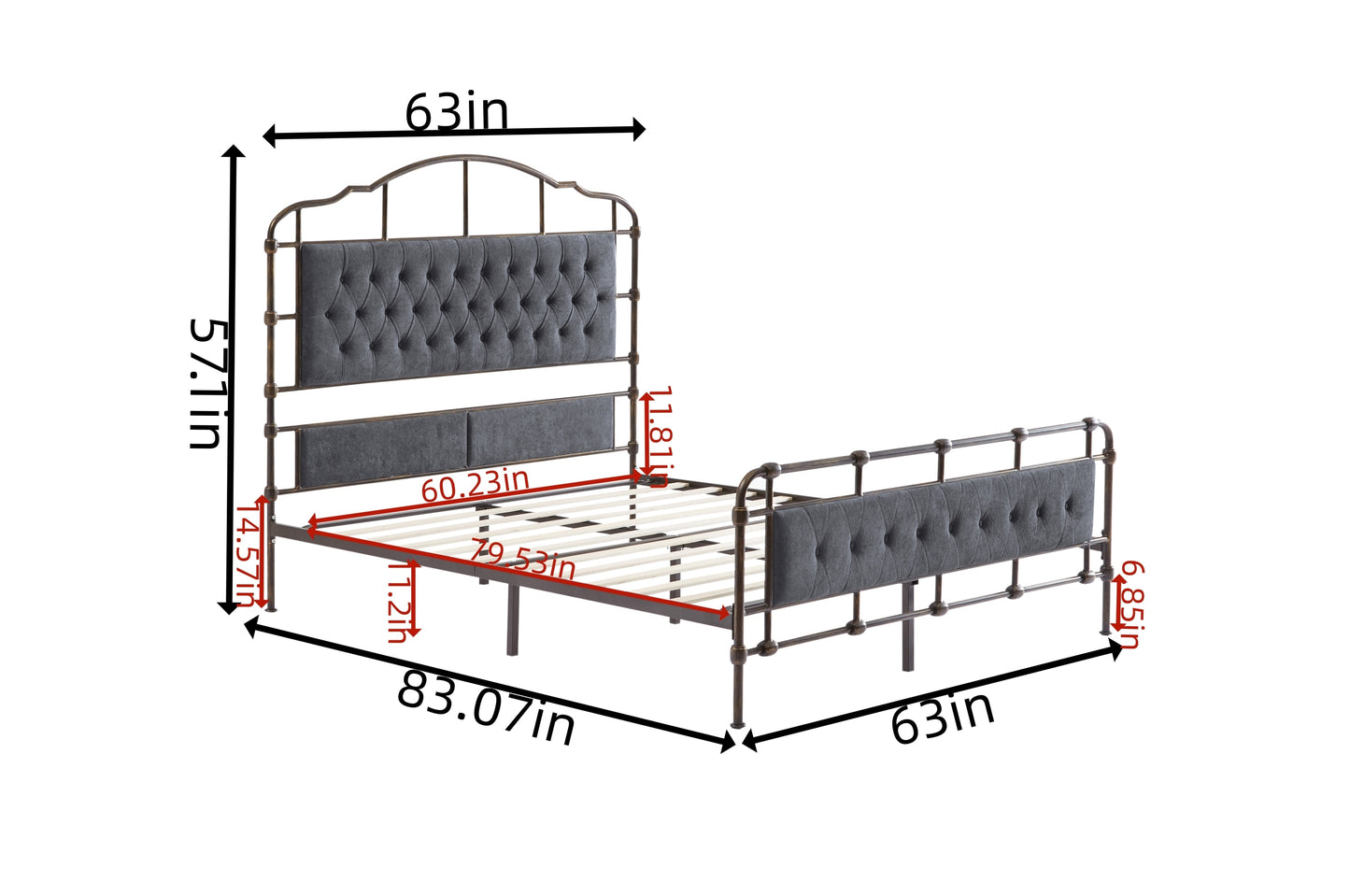 Queen size High Boad Metal bed with soft head and tail, no spring, easy to assemble, no noise